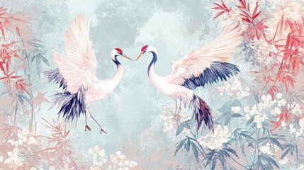 A detailed digital rendering of a Chinese fabric pattern showcasing intricate embroidery-inspired designs with cranes and bamboo motifs in soft pastels.
