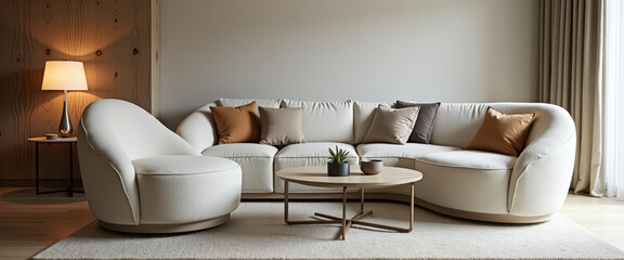 Contemporary Living Room with a Curved Sofa and a Wooden Wall