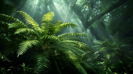 Sunlight Through Tropical Ferns in a Lush Rainforest