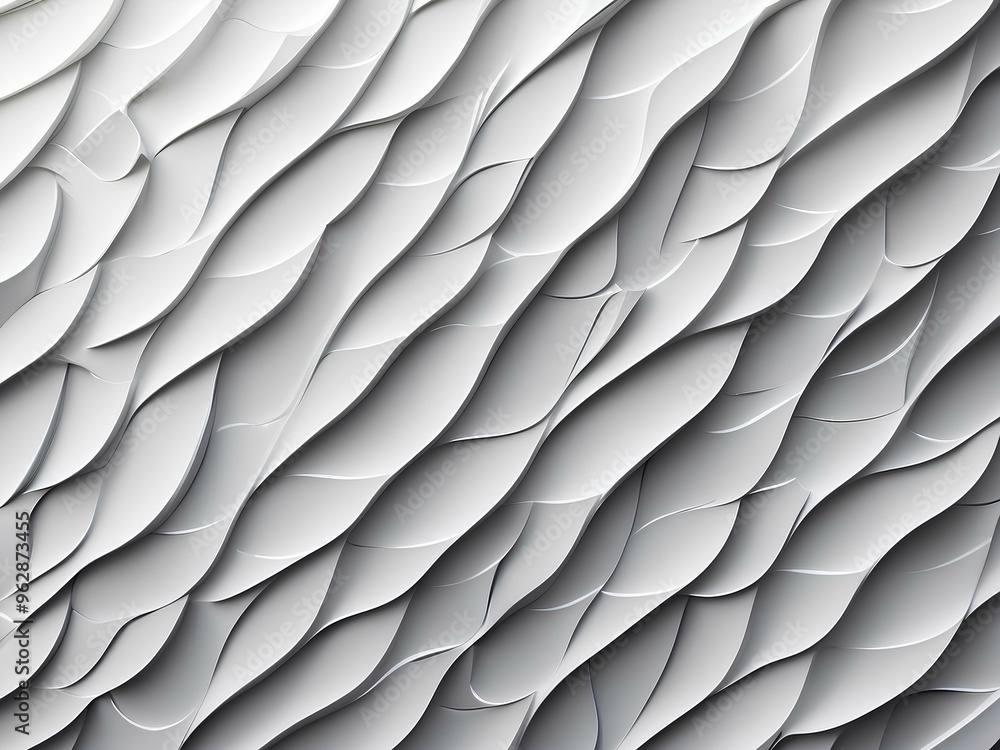 Poster intricate abstract pattern with layered white waves creating a mesmerizing textured surface inspired by modern art evoking depth and movement in a minimalistic style
