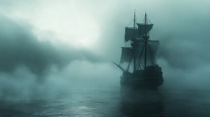 A ghost ship sailing through a misty, haunted sea