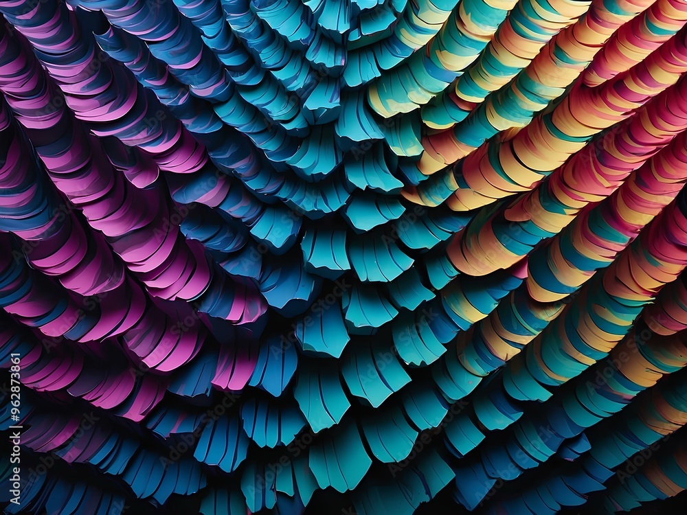 Aufkleber visually rich composition of overlapping vibrant feathers or scales in shades of blue and green, cre