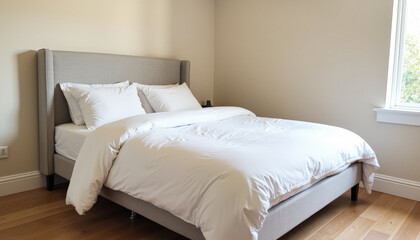 Modern Bedroom Interior with White Bedding and Grey Headboard