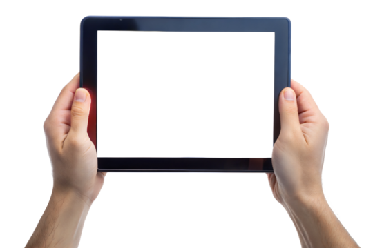 hands holding black digital tablet Mockup with white screen cut out. isolated on transparent background. Copy space.