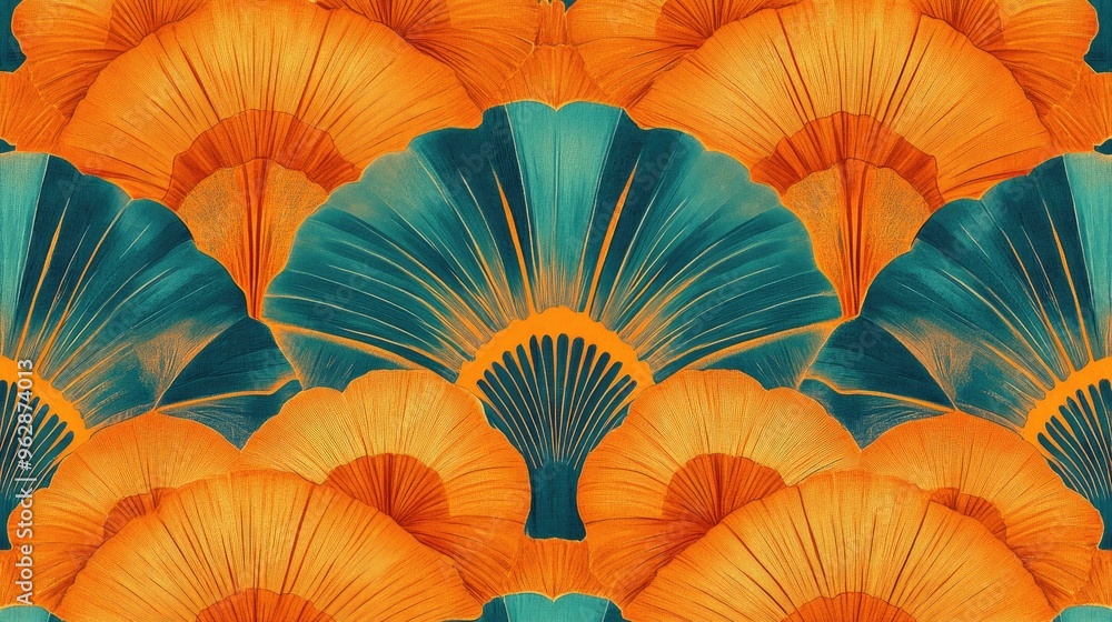 Poster a detailed digital rendering of a japanese fabric pattern featuring repeating fan motifs in vibrant 