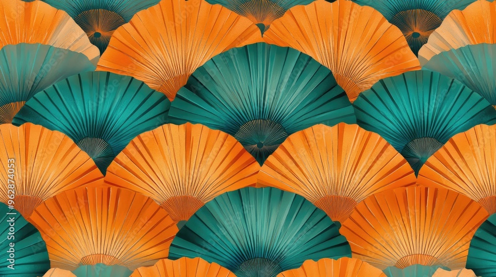 Poster a detailed digital rendering of a japanese fabric pattern featuring repeating fan motifs in vibrant 