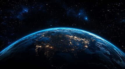Obraz premium A stunning view of Earth from space, showcasing illuminated cities and a vibrant atmosphere against a starry background.