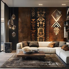 Luxurious living room interior with a stylish sofa, classic furniture, and a cozy fireplace