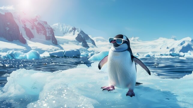 Cool Penguin in Sunglasses on Iceberg in Antarctica