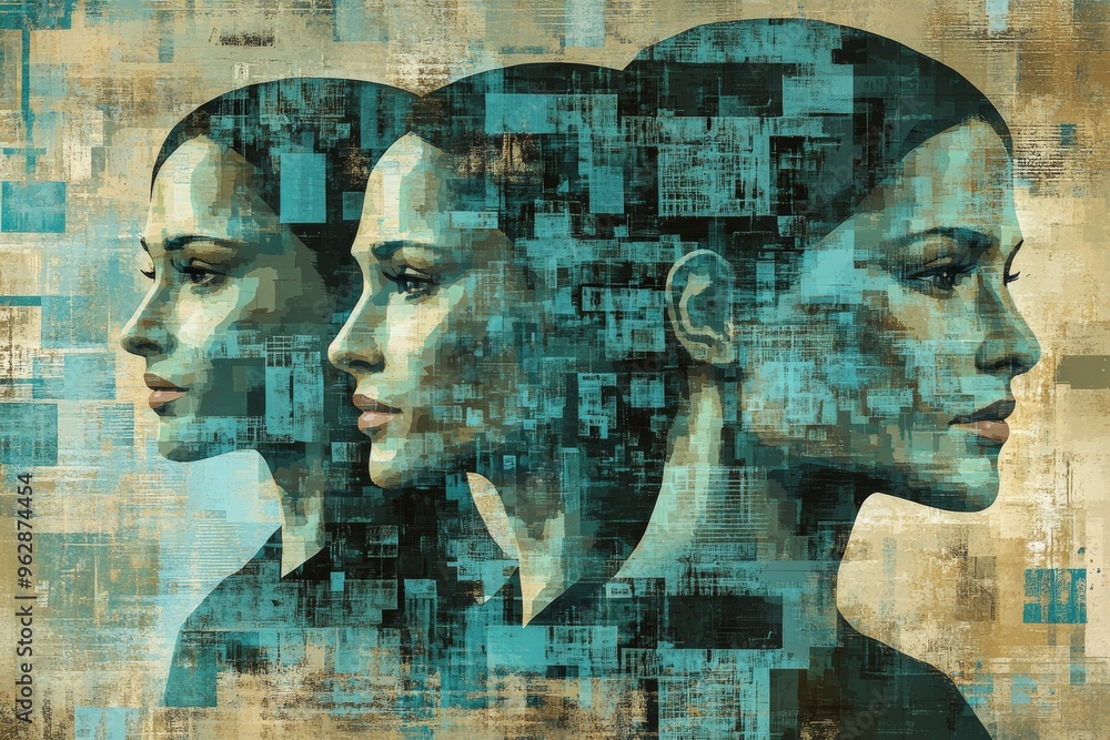 Poster neuronal energy cognitive psychology multiple mirrored faces with pixelated textures symbolizing fra