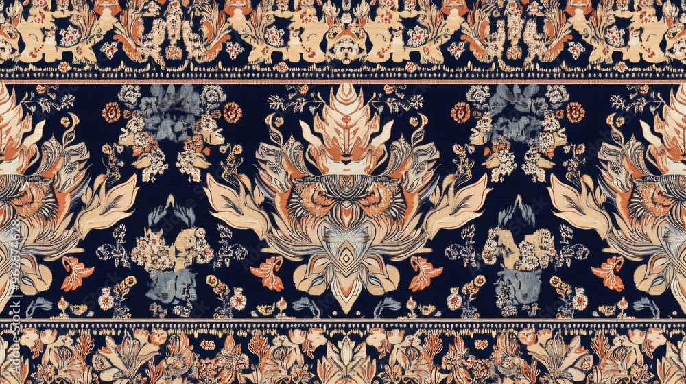 Aufkleber a detailed digital rendering of a lao fabric pattern with repetitive motifs of mythical creatures an