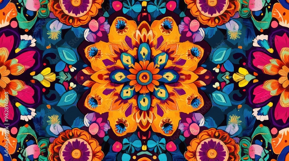 Poster a detailed digital rendering of a mexican fabric pattern featuring intricate patterns with bright, c