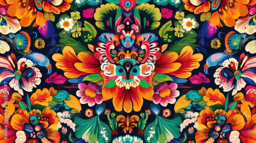 Poster a detailed digital rendering of a mexican fabric pattern featuring intricate patterns with bright, c