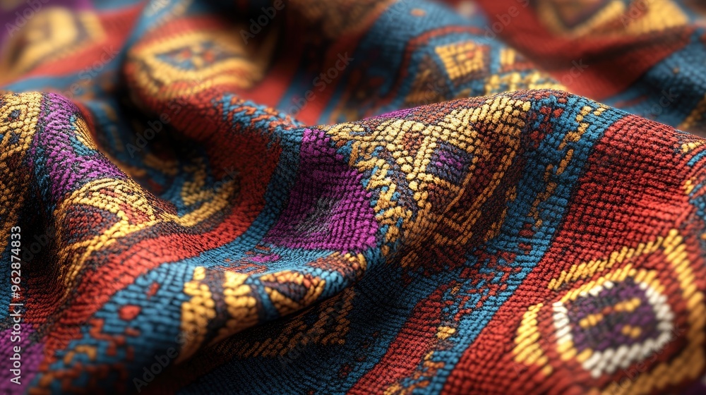 Poster a detailed digital rendering of a peruvian fabric pattern showcasing intricate diamond shapes and vi