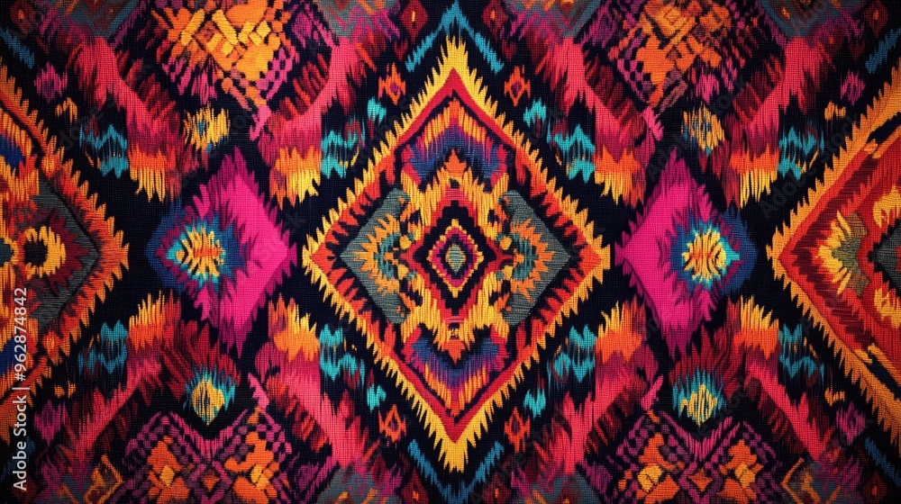 Poster a detailed digital rendering of a peruvian fabric pattern showcasing intricate diamond shapes and vi