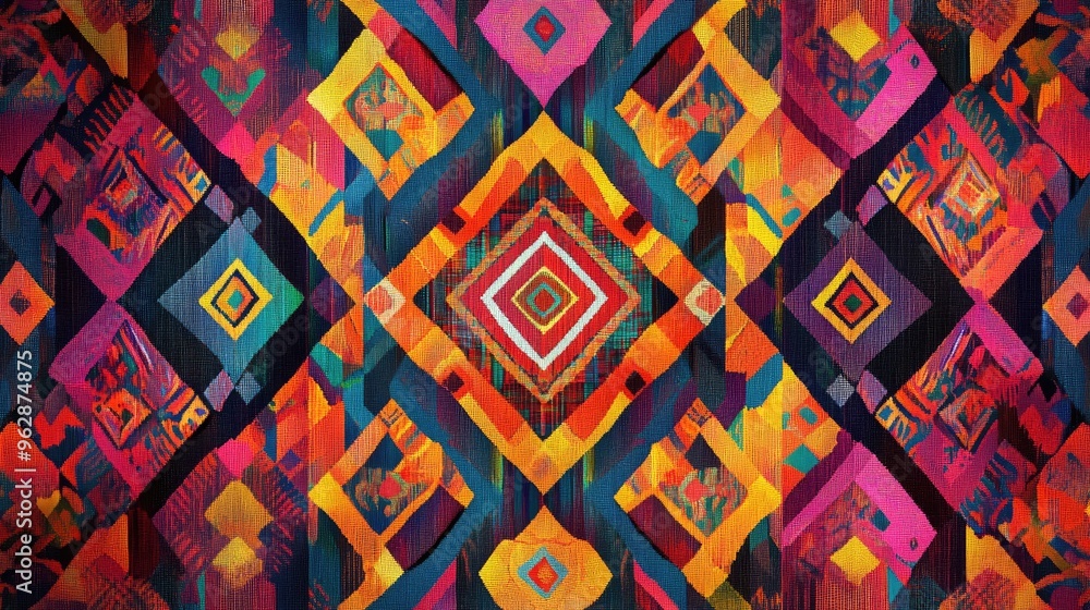 Poster a detailed digital rendering of a peruvian fabric pattern showcasing intricate diamond shapes and vi