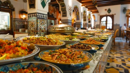 Fototapeta premium A festive dining scene with a variety of dishes on a table in a traditional room with colorful decor and inviting atmosphere for communal dining.