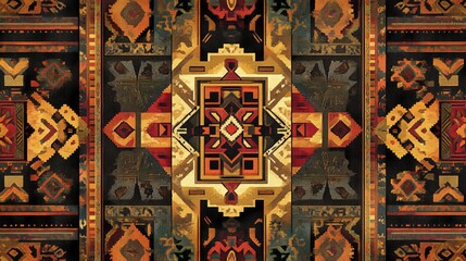 A detailed digital rendering of a Peruvian fabric pattern with geometric Inca designs in rich earth tones, perfect for cultural and contemporary textile applications.