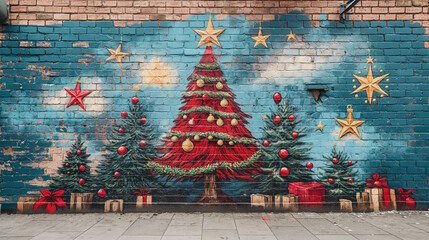 A Christmas mural on a brick wall featuring a large red tree adorned with ornaments, stars, and presents at the base, creating a festive urban holiday scene in a public space