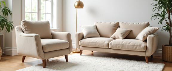 Beige Couch and Armchair in a Living Room with White Walls