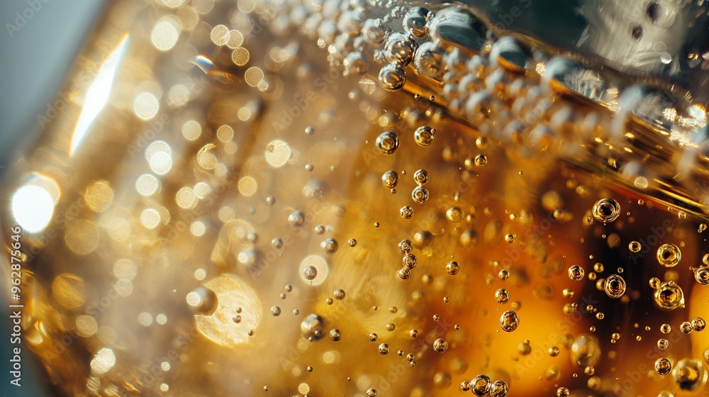 Poster close-up of golden bubbles in liquid with bokeh effect.