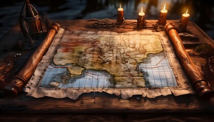 A tattered map showing the location of a haunted treasure, pinned to a wooden board