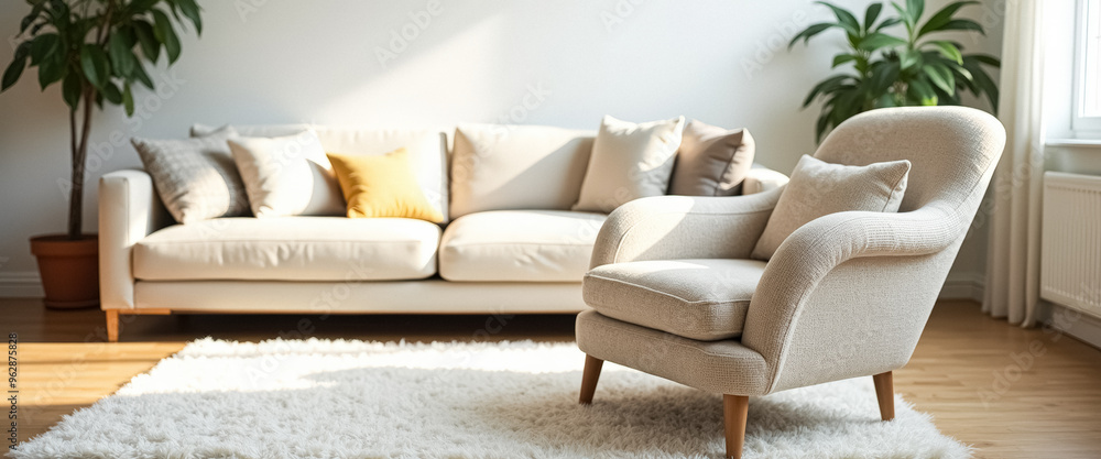 Poster Cozy Living Room with White Sofa and Armchair