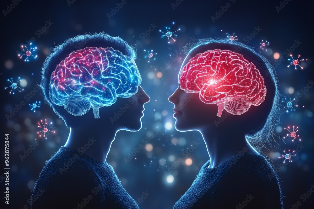 Aufkleber brain chip cognitive psychology two heads with glowing neural patterns symbolizing deep intellectual