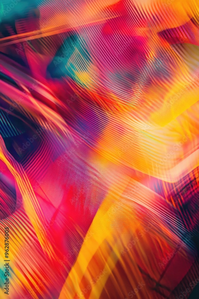 Poster line art illustration featuring a vibrant colorful background with motion blur effects creating an a