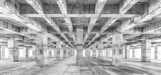 A view of the underside of a concrete building. The image is in black and white, and the building is unfinished.