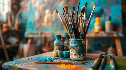 Fototapeta premium A Close-Up View of Paint Brushes and Supplies in an Artist's Studio