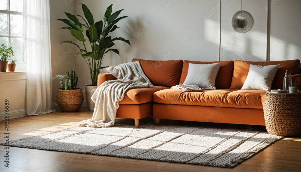 Sticker Cozy Living Room with Orange Sectional Sofa and Natural Elements