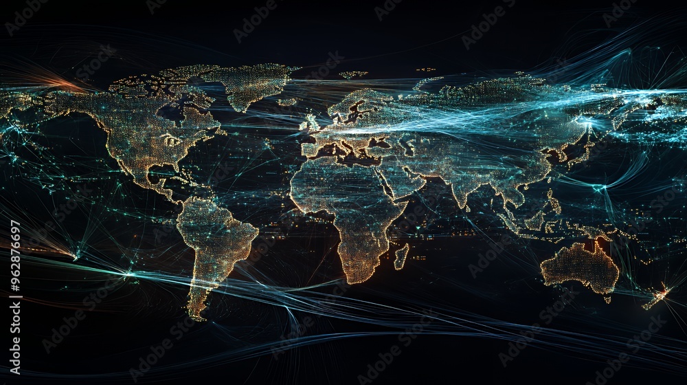 Aufkleber a stylized world map with glowing lines emanating from various points, representing global connectiv