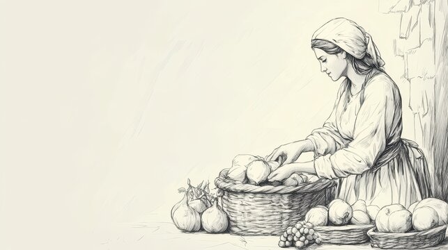 Virtuous Wife from Proverbs Working Diligently in Marketplace Scene, A Perfect Biblical Illustration for Family and Work Ethics