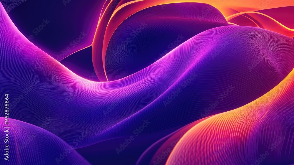 Poster abstract purple gradient geometric background with neon light curved lines and shapes featuring a vi
