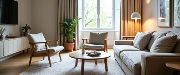 Fototapeta premium Cozy Living Room with Modern Furniture and Natural Light