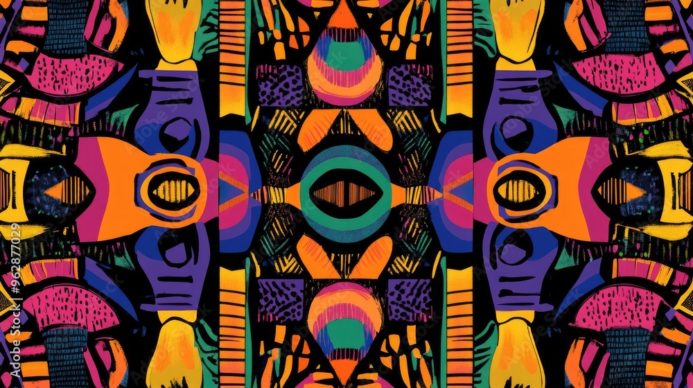 Poster a digital rendering of a ghanaian fabric pattern featuring bold, abstract shapes and bright colors, 