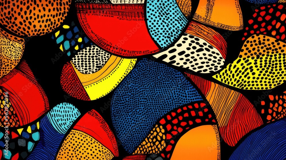 Poster a digital rendering of a ghanaian fabric pattern featuring bold, abstract shapes and bright colors, 