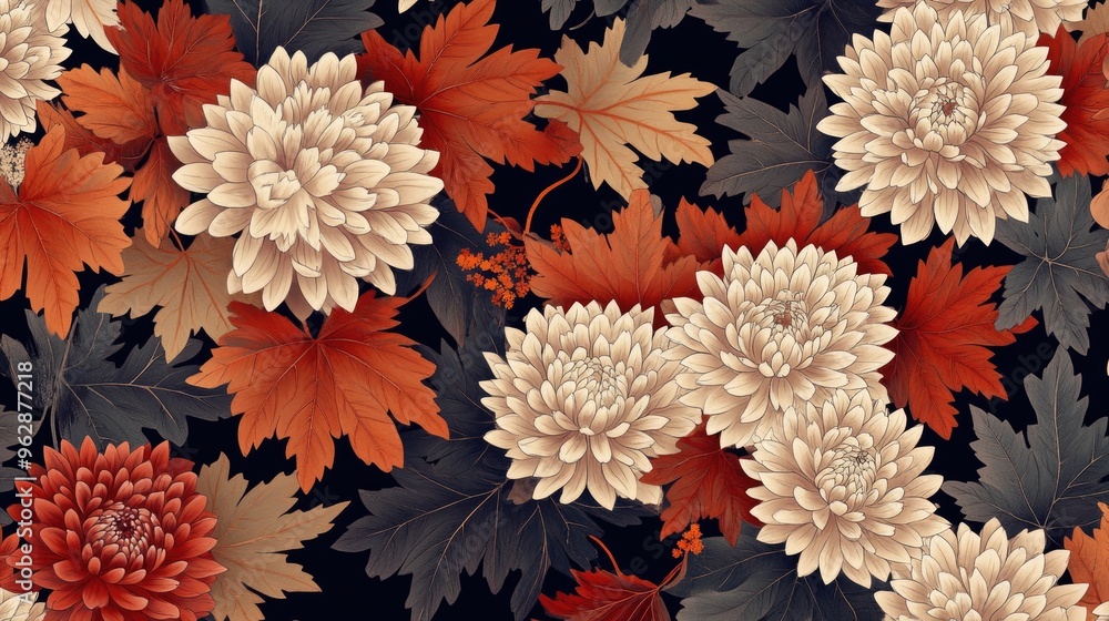 Poster a digital rendering of a japanese fabric pattern with stylized chrysanthemums and maple leaves in au