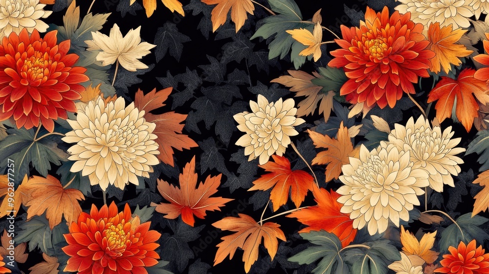 Poster a digital rendering of a japanese fabric pattern with stylized chrysanthemums and maple leaves in au