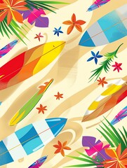 Colorful background for beach party poster design featuring sand, sea, umbrellas, and surfboards with summer vibes, new beautiful stock image illustration AI