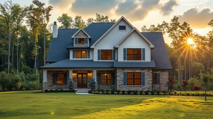 Modern Stone House with Sunset Sky and Green Grass