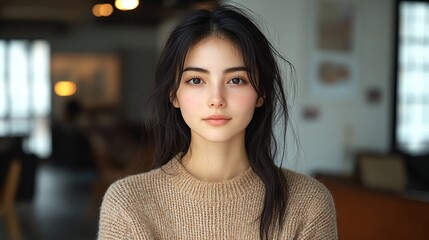 Japanese woman in her thirties, with an office background, wearing a beige sweater. She has a fair complexion and is looking at the camera with a slight smile. Her hair is straight and long, and she h