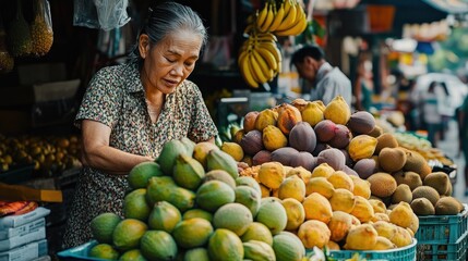 Woman Picking Fruits at a Market Stall