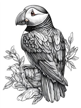 recommend clip art: Black and white line art illustration of an engraved puffin showcasing intricate details in an isolated design