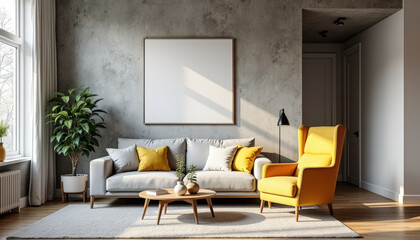 Living room with yellow armchair and grey sofa