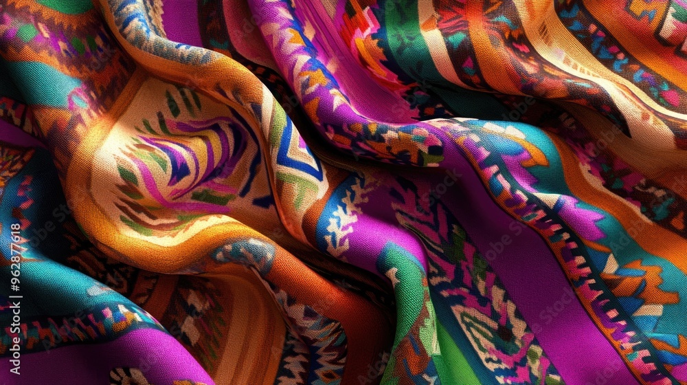 Poster a digital rendering of a mexican fabric pattern featuring colorful woven designs with zigzags and di