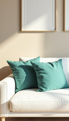 White Sofa with Green Cushions and Blank Frames on Beige Wall