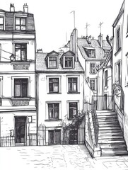 Line art illustration of house sketches in a historic city Architectural sketches in black on a white background Hand drawn postcard style graphic illustration