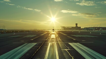 Obraz premium Airplane Taking Off at Sunset Airport Runway Photography